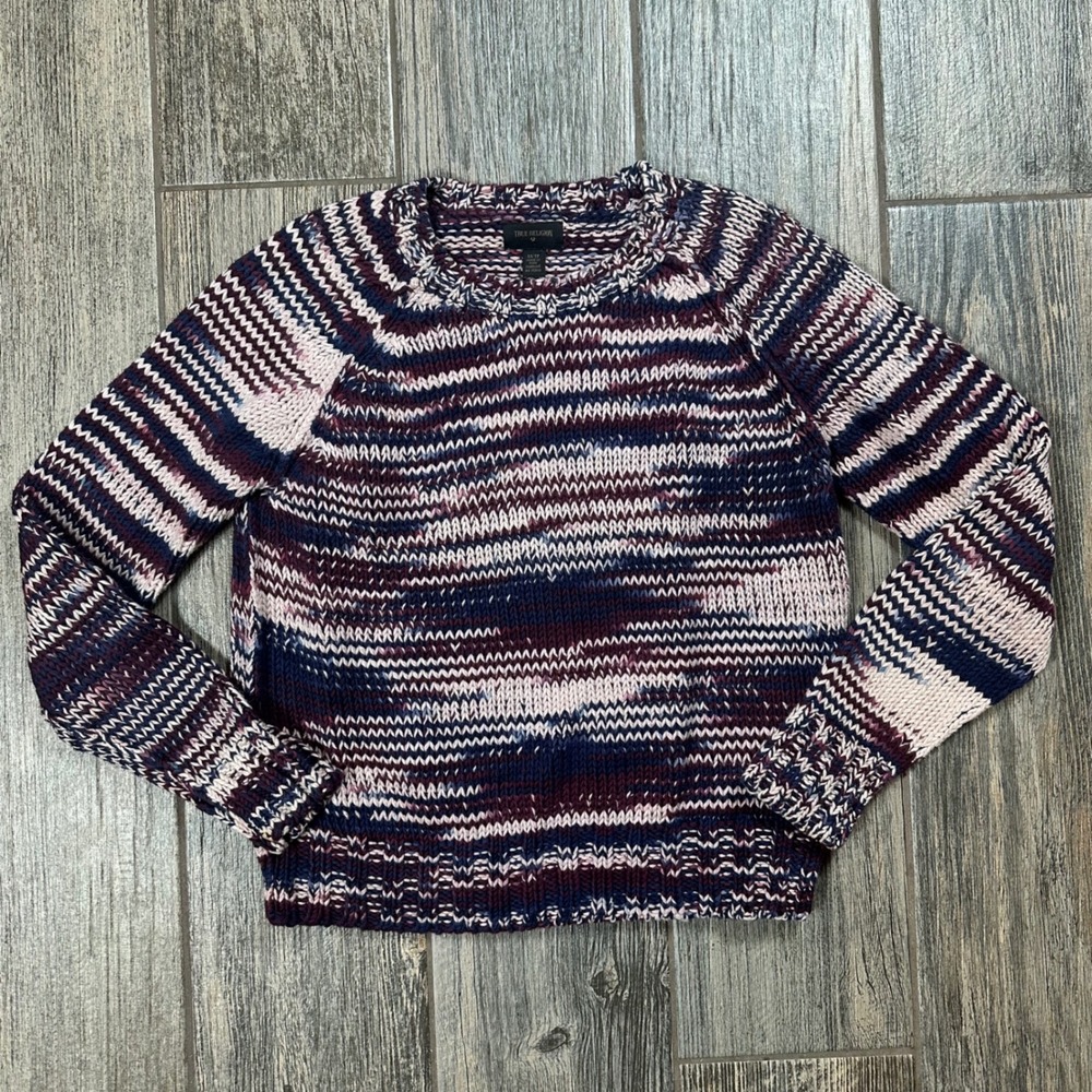 True Religion Knit Chunky Sweater‎ XS Striped Purple Cotton Blend Long Sleeve